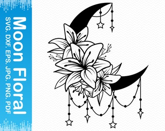 Floral moon svg, Crescent moon svg, Boho svg, Flower moon svg, Celestial svg files for cricut, SVG silhouette svg, Clipart Vector PNG files