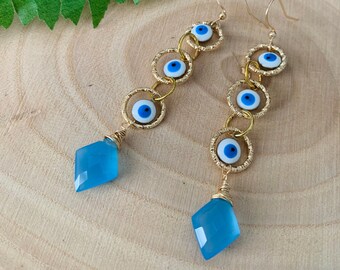 Evil Eye Earrings - Blue Chalcedony Earrings