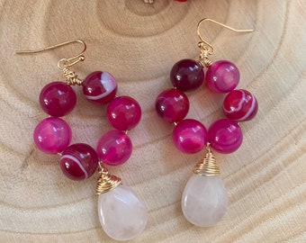 Agate and Rose QUartz Dangle Earrings - Gemstone Earrings