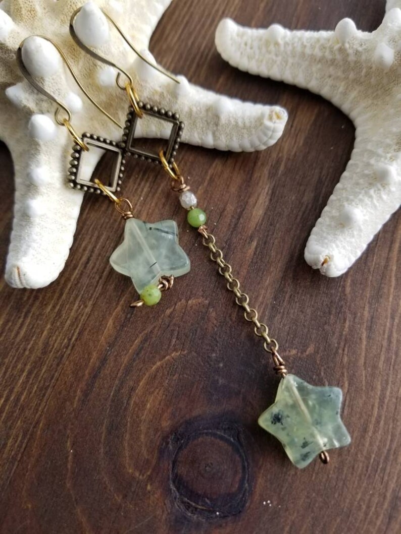 Asymmetrical Dangle Earrings Prehnite Stone Earrings Long and Short Earrings