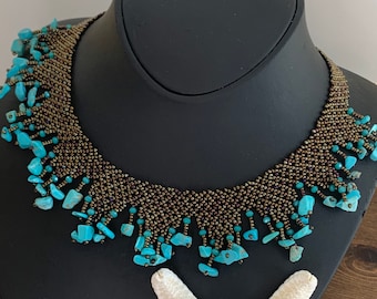 Mediterranean Necklace- Turquoise Statement Necklace - Hand stitched Necklace- Handmade Bib necklace- Great gift for Her