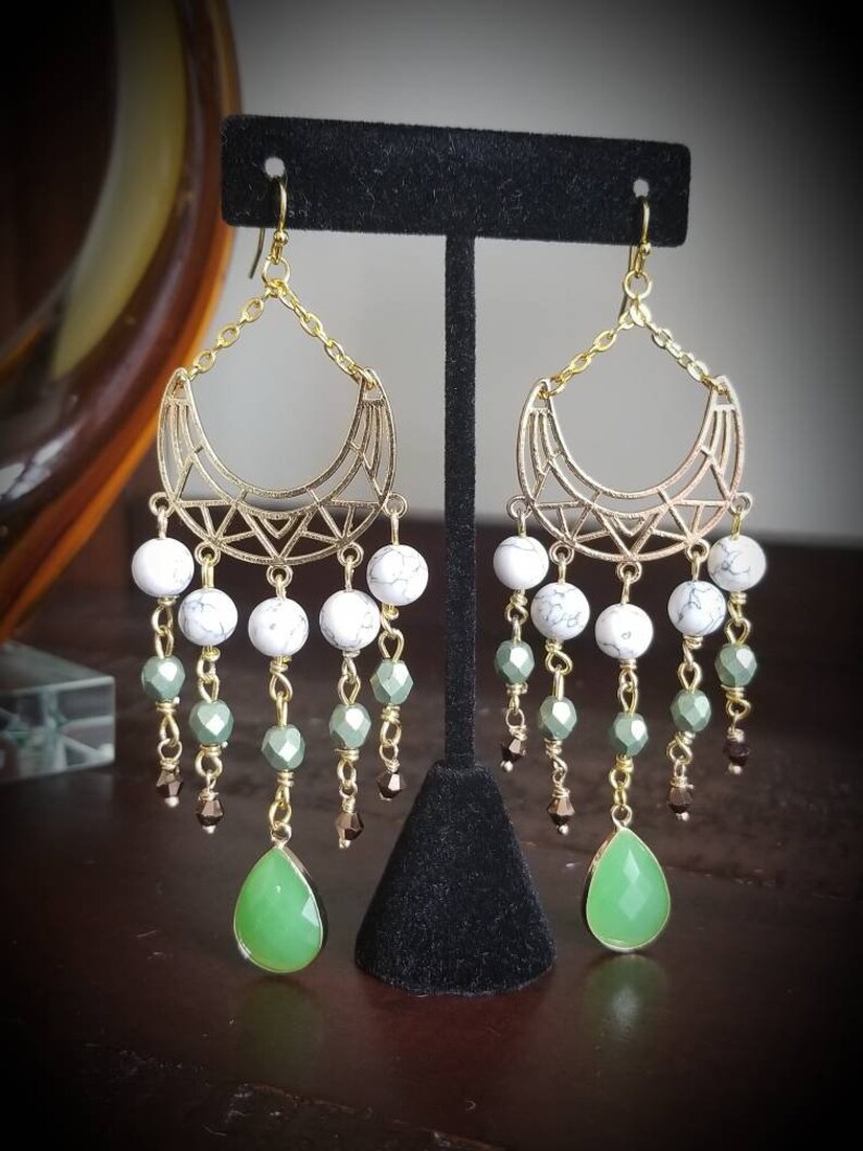 Teardrop Earrings Howlite Earrings Long Chandelier Earrings