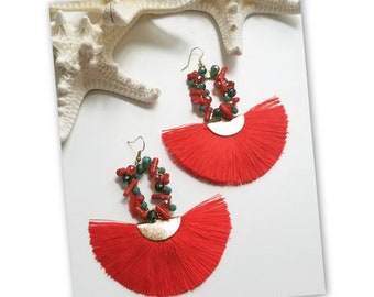 Coral Fan Tassel Earrings - Silk Tassel Earrings - Coral Red Earrings - Handmade Tassels
