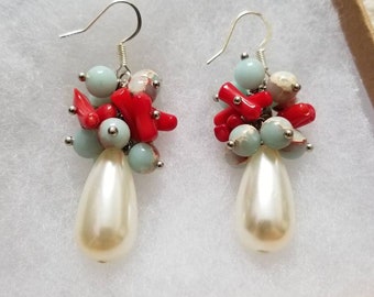 Jasper and Coral Earrings - Faux Pearl Earrings - Cluster Earrings - Great Gift for Her