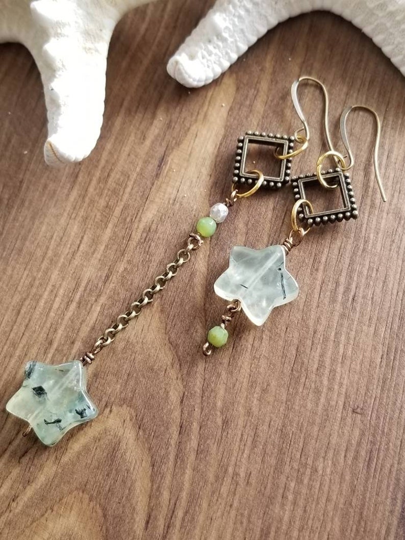 Asymmetrical Dangle Earrings Prehnite Stone Earrings Long and Short Earrings