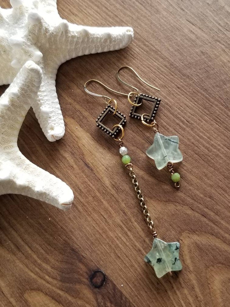Asymmetrical Dangle Earrings Prehnite Stone Earrings Long and Short Earrings