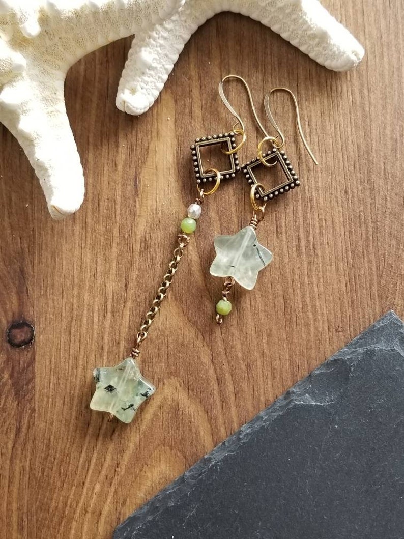 Asymmetrical Dangle Earrings Prehnite Stone Earrings Long and Short Earrings