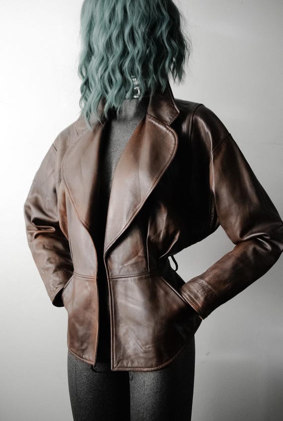 Rare Jean-Claude Jitrois Paris - Vintage 80s Faded Brown / Black Sprayed Batwing Peplum Leather Jacket
