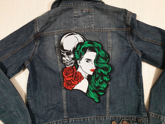 Skull Girl Large Back Patch Skull Goth Iron on Patch Biker Rose