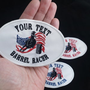 Toppa ricamata personalizzata Barrel Racer, ricamo cavaliere, applicazione nome rodeo, toppa cowboy, toppa nome personalizzato