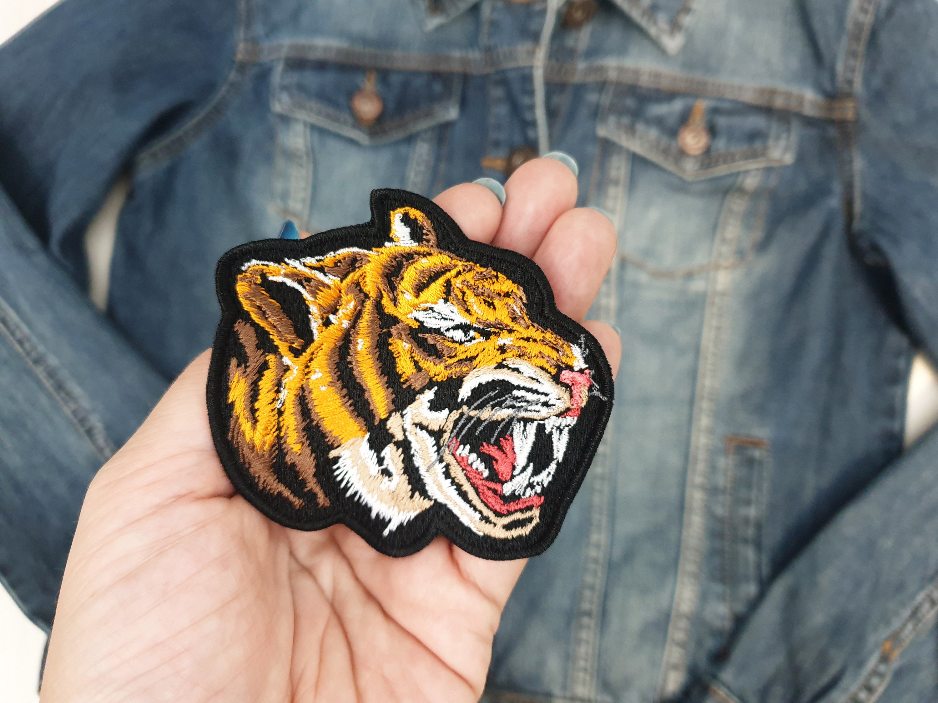 Kleine geborduurde tijgerpatch, bikerpatch voor jassen, tijgerborduurwerk, appliqué wilde dieren, borduursel grote kat