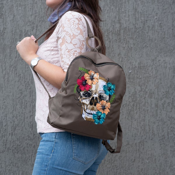 Embroidered Skull Backpack, Sugar Skull Bag, Flower Knapsack, Chocolate Brown Bag, Custom Backpack