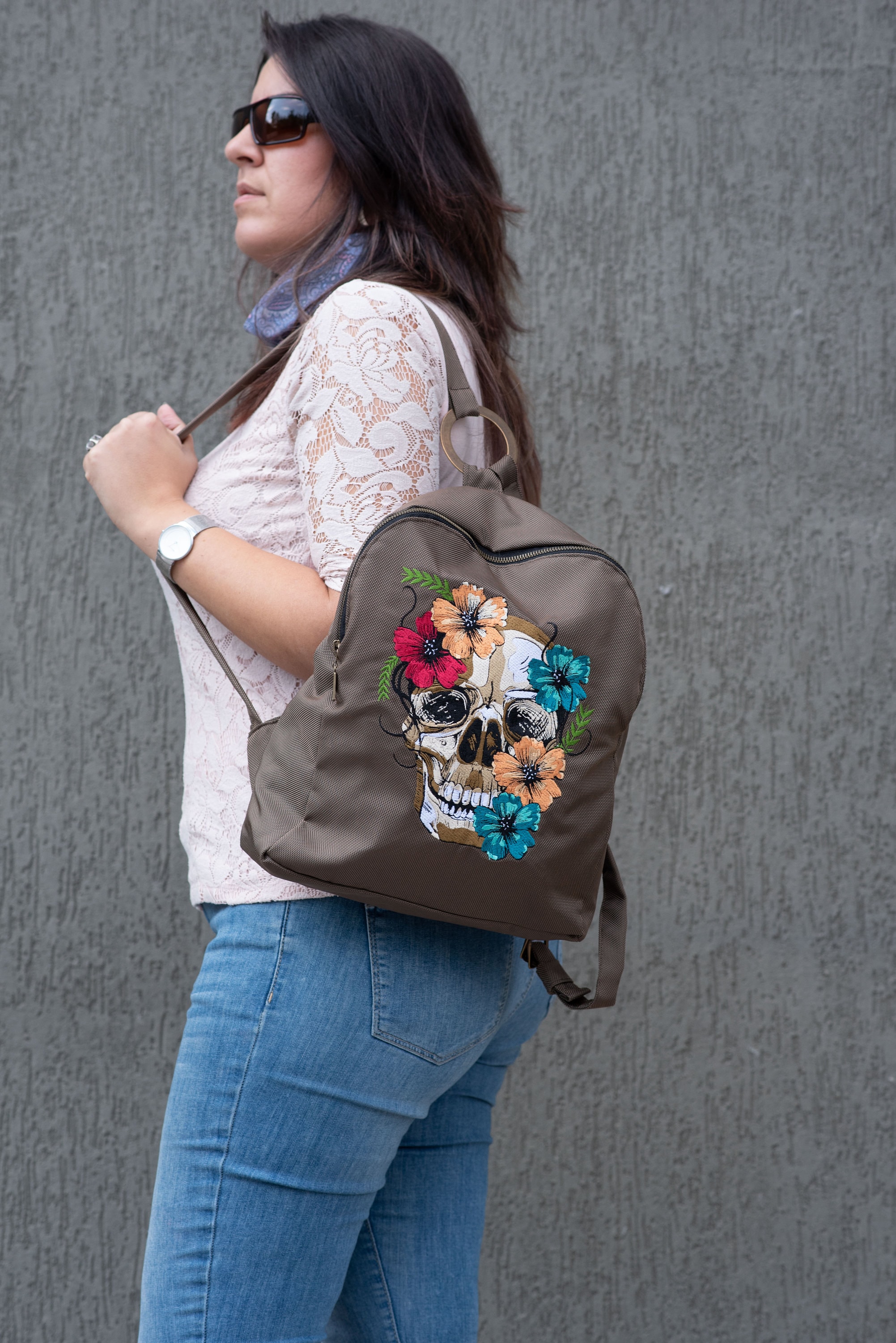 Floral Embroidered Backpack - Brown and Gray Custom Floral Backpack (Personalized) | YouCustomizeIt main image 3