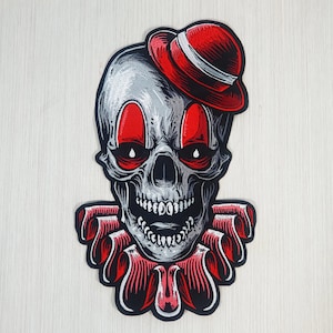 Large Clown Skull Patch, Embroidered Skull Back Patch, Skeleton Biker Patch, Sew on Patch, Urban Embroidery Patch, Urban Art Patch