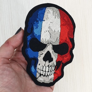 French Flag Skull Patch, Embroidered Biker Applique