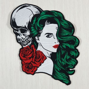 Skull Girl Large Back Patch, Skull Goth Iron On Patch, Biker Rose Patch, Embrodered Patch for Rock Festival Clothing, Embroidered Applique