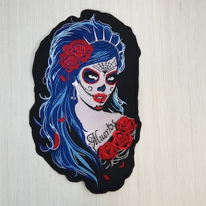 Parche de motociclista de calavera de azúcar para chaqueta, aplique bordado de la Santa Muerte, bordado del Día de los Muertos