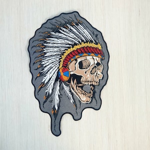 May include: A gray embroidered patch of a skull wearing a colorful Native American headdress. The skull is white with black eye sockets and a black mouth.