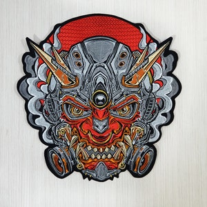 Japanische Cyberpunk Oni Maske, Samurai Applikation, Ninja Rücken Patch, Japanischer Krieger Patch, Aufnäher, asiatische Stickerei