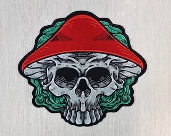 Grote geborduurde paddenstoelschedelpatch, bikerappliqué