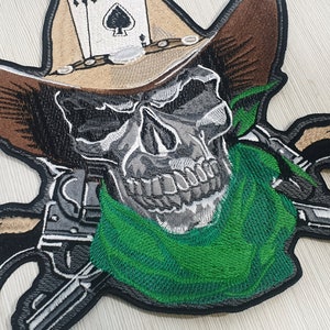 Toppa grande con teschio da cowboy, ricamo posteriore con teschio da tasca, applicazione con teschio Urban Revolver, toppa gotica da cucire, idee regalo