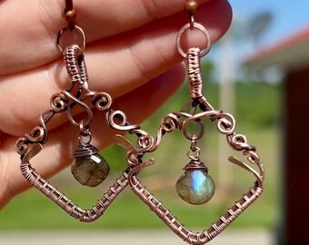 Labradorite  Earrings, Oxidized Copper wire wrap,  antique copper, crystal jewelry, crystal earrings, dangle earrings, dangling earrings