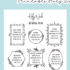 Puede incluir: Plan de lectura de la Semana Santa imprimible con un diseño floral en blanco y negro. El plan incluye lecturas bíblicas diarias para el Domingo de Ramos, el lunes, el martes, el miércoles, el Jueves Santo, el Viernes Santo, el Sábado Santo y el Domingo de Pascua.