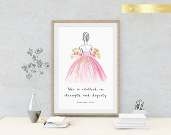 She is Clothed in Strength and Dignity - Proverbs 31 25 l Mothers Day I Printable Bible Verse Wall Art l Instant Download