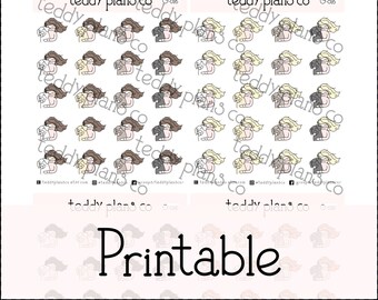 Puede incluir: Hoja de pegatinas imprimibles para planificador con mujeres de dibujos animados y sus mascotas. Las pegatinas tienen varios colores de pelo y atuendos. La palabra "Printable" está en la parte inferior de la hoja. Las pegatinas son de "teddy plans co".
