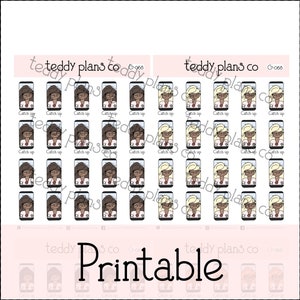 May include: Printable planner stickers featuring women on smartphones with the text "Catch up." The stickers show women with different hair colors and glasses. The design includes the text "teddy plans co" and "Printable."