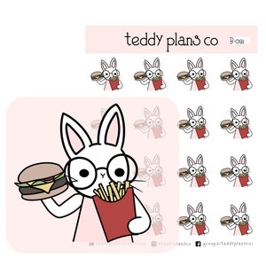 May include: A sheet of stickers featuring a cartoon rabbit wearing glasses and holding a hamburger and a red container of fries. The stickers are white, black, red, yellow, and brown. The text "teddy plans co" and "B-091" are at the top.