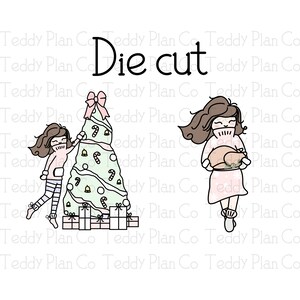 May include: A die-cut illustration featuring two figures preparing for Christmas. One figure decorates a Christmas tree with ornaments and gifts, while the other carries a roasted turkey. The text "Die cut" is at the top.
