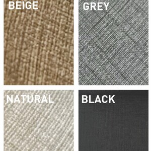 May include: Four fabric swatches in beige, grey, natural, and black. The fabric is semi-waterproof vinyl. The text "PEQUE&Ntilde;O Taller" and "SEMI WATERPROOF VINYL" is printed above the swatches.