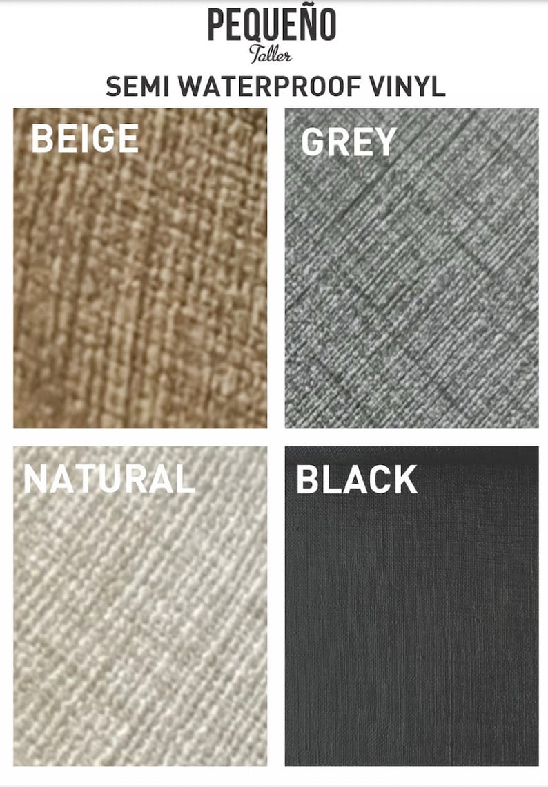 May include: Four fabric swatches in beige, grey, natural, and black. The fabric is semi-waterproof vinyl. The text "PEQUE&Ntilde;O Taller" and "SEMI WATERPROOF VINYL" is printed above the swatches.