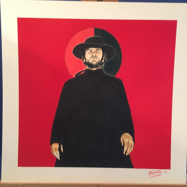 Peut inclure: Une illustration en noir et blanc d'un homme portant un chapeau et un manteau noirs, debout devant un cercle rouge et noir.