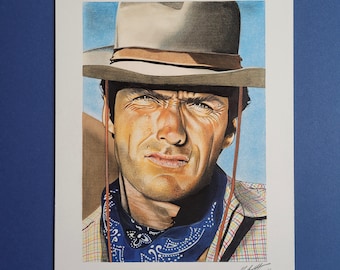 Stunning hand drawn portrait in full colour - Clint Eastwood in RAWHIDE