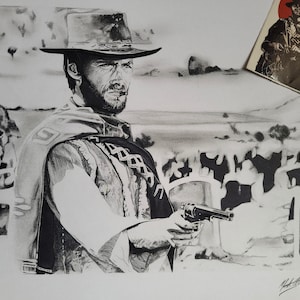 Sad Hill Gunslinger - Iconic original artwork in pencil and ink of Clint Eastwood