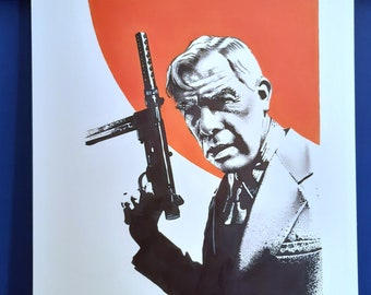 May include: A black and white illustration of a man holding a gun. The background is a red and white circle.
