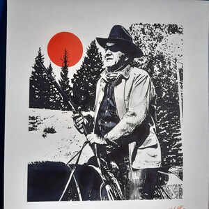May include: A black and white illustration of a man wearing a cowboy hat and a jacket, holding a rifle. The background is a forest with a red sun in the sky.