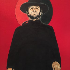 Peut inclure: Une peinture d'un homme portant un chapeau et un manteau noirs, debout devant un cercle rouge et noir.