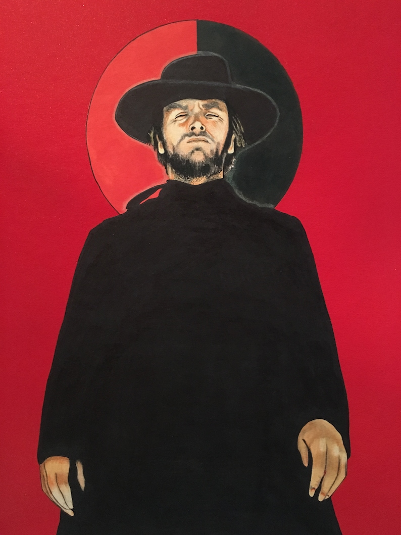 Peut inclure: Une peinture d'un homme portant un chapeau et un manteau noirs, debout devant un cercle rouge et noir.