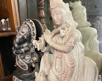 Krishna Stone Carved Statue, God of Love, Krishna Playing Flute with Cow, Hindu Deity Sculpture, Divine Joy, Yoga Altar