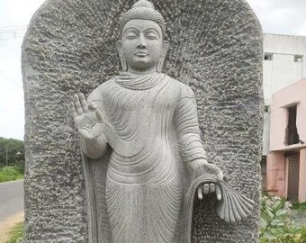 PRE ORDER-Natural Stone Protection Abhaya Buddha Garden Statue Handcarved Budha Granite Stone Zen Outdoor Meditating Sculptures