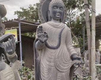 PRE ORDER-Natural Stone Protection Abhaya Buddha Garden Statue Handcarved Budha Granite Stone Zen Outdoor Meditating Sculptures