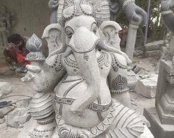 PRE ORDER-Natural Stone Ganesha Garden Statue Handcarved Gray Granite Stone Garden Temple Decor