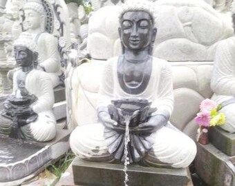 PRE ORDER-Natural Stone Buddha Garden Fountain Statue Handcarved Gray Granite Stone Garden Decor Sculpture