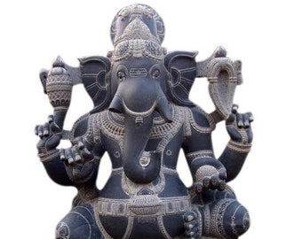 PRE ORDER-Natural Stone Ganesha Garden Statue Handcarved Gray Granite Stone Garden Temple Decor Sculpture