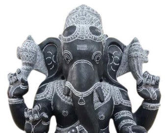 PRE ORDER-Natural Stone Ganesha Garden Statue Handcarved Black Granite Stone Garden Temple Decor Sculpture