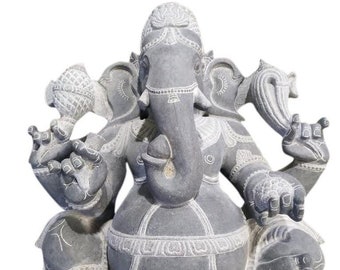 PRE ORDER-Natural Stone Ganesha Garden Statue Handcarved Gray Granite Stone Garden Temple Decor Sculpture