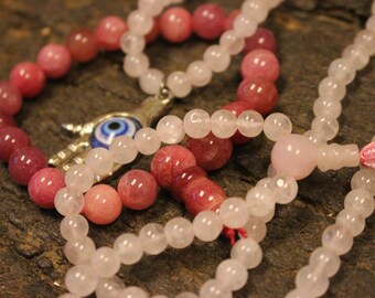 Love Mala, Rose Quartz Malabeads, Evil Eye Pendant, Unconditional Love Chakra, Pink Jade Beaded Stretch Bracelet Yoga Wrist Bracelet